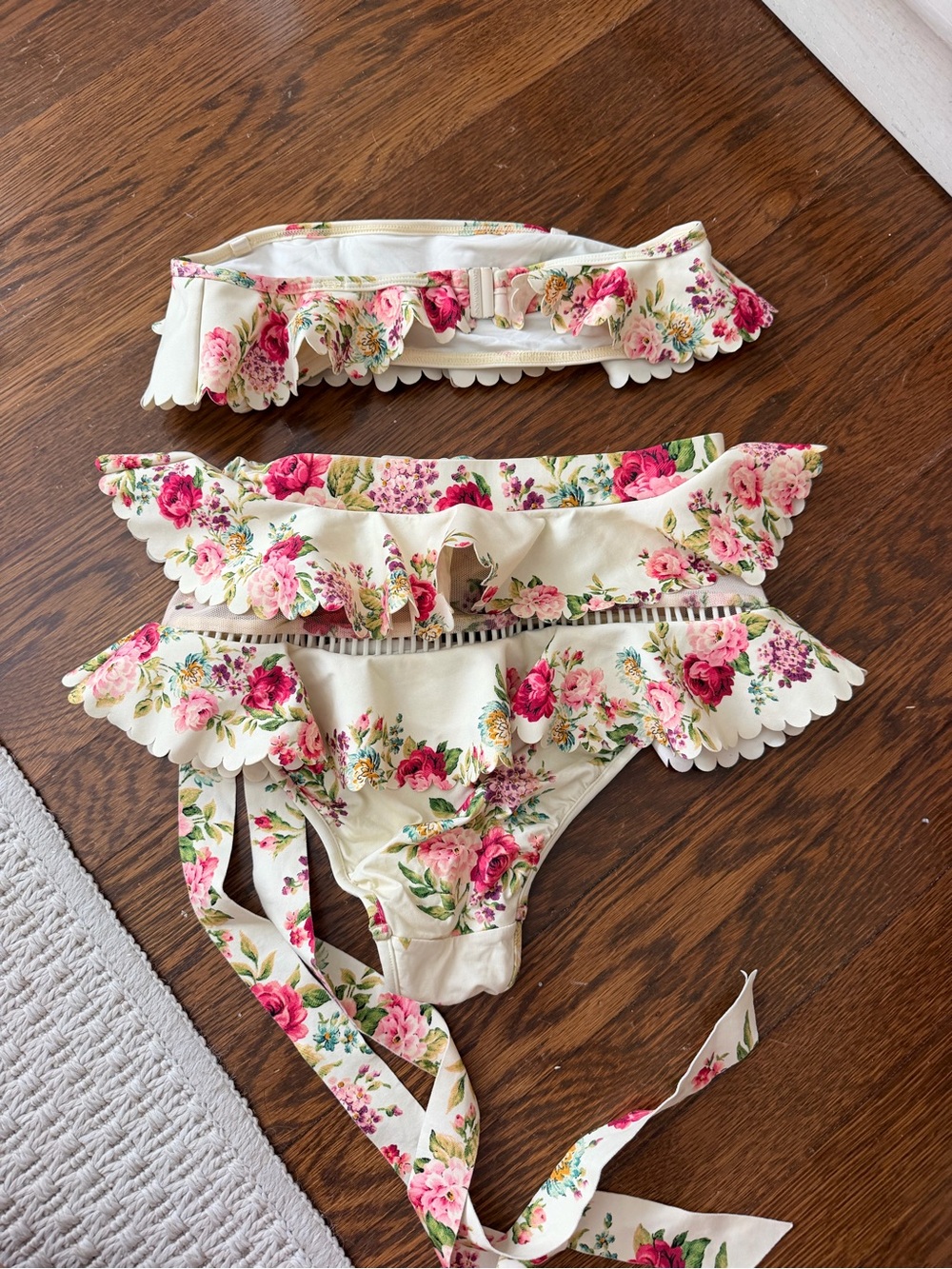 Zimmermann Floral Ruffle Bandeau Bikini in Cream and Pink - Picture 2 of 3